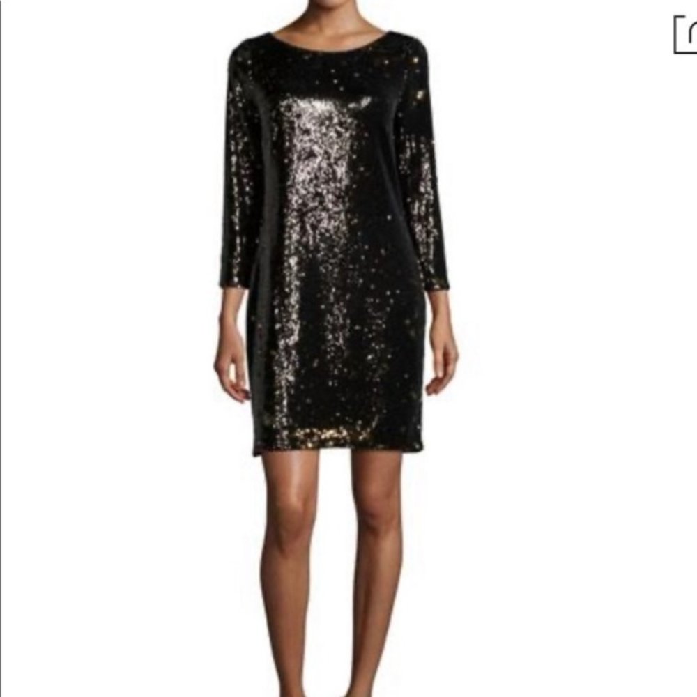 HALSTON HERITAGE Women's Ombre Sequin 3/4 Sleeve Shift Dress, Gunmetal/Black L